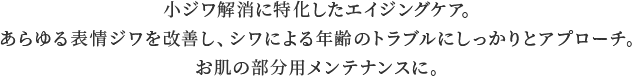 気になるエイジングサインに集中アプローチ。「小ジワ」「たるみ」「乾燥」など1本でしっかりトータルケア。